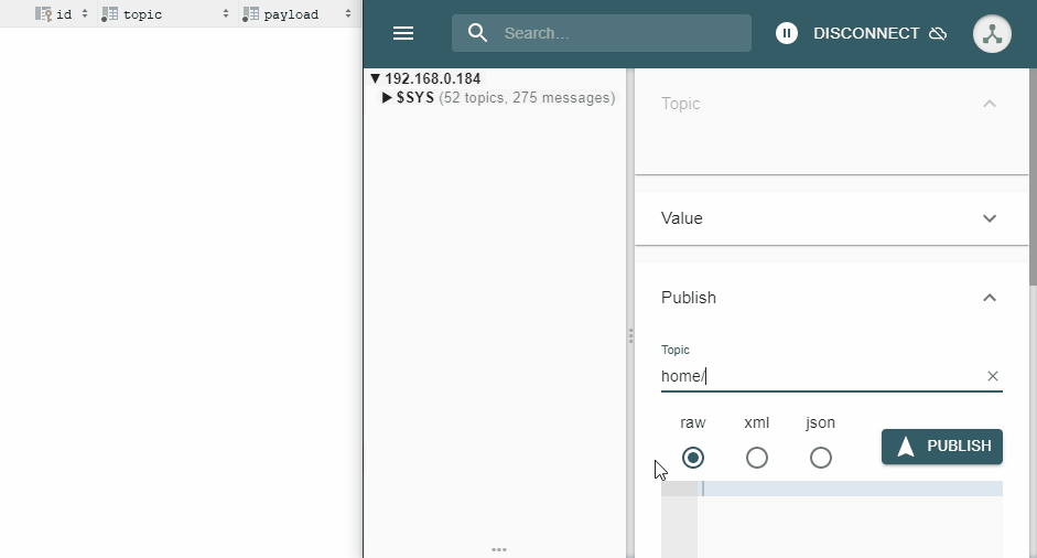 Publish Messages on home Topic using MQTT explorer