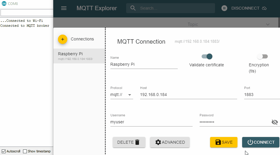 Publish Messages on nodemcu/test Topic using MQTT Explorer