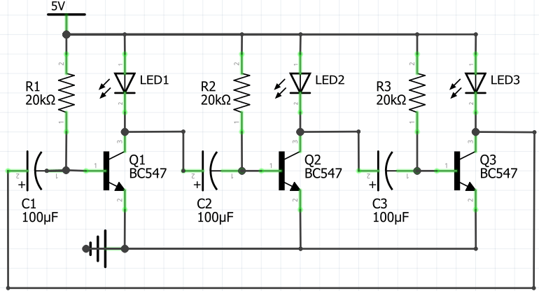 3 LED Chaser Using BC547 Transistors (Circuit Diagram)