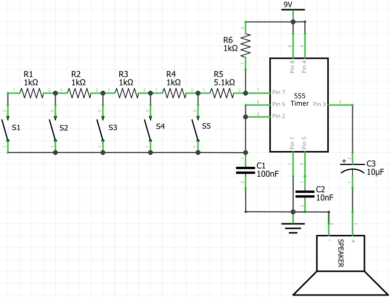 5 Tones Electronic Piano Using 555 Timer (Circuit Diagram)