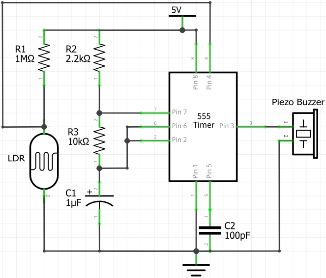 Darkness Detector with Beep Alarm Using LDR and 555 Timer (Circuit Diagram)