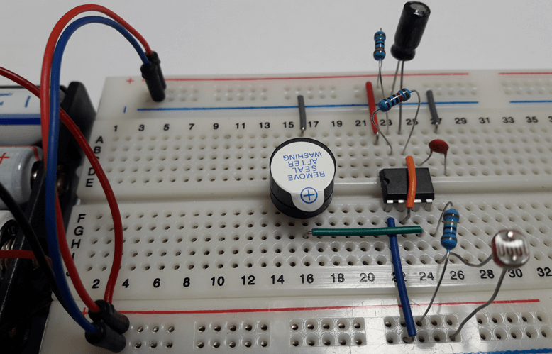 Darkness Detector with Beep Alarm Using LDR and 555 Timer (Designed Circuit)