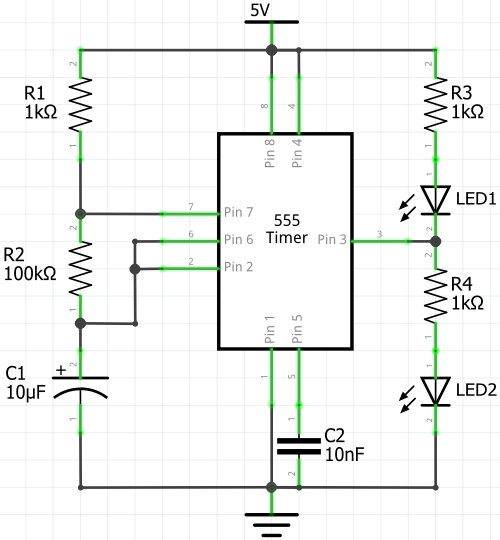 Dual LED Flasher Using 555 Timer (Circuit Diagram)