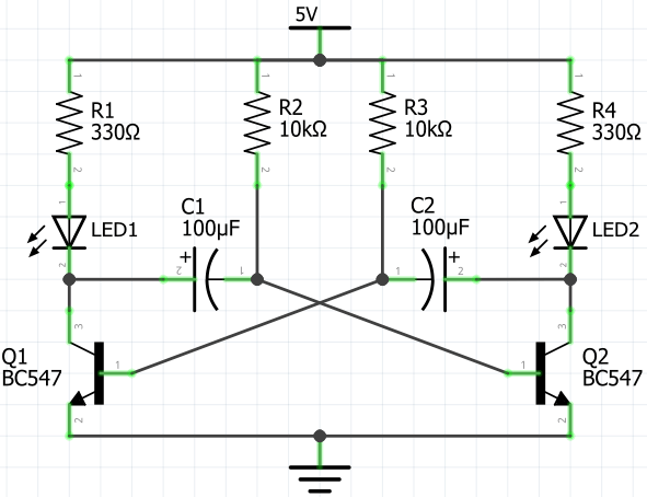 Flip Flop LED Flasher Using BC547 Transistors (Circuit Diagram)