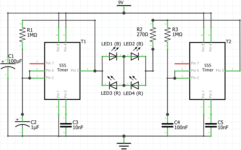 Police LED Flasher Using 555 Timers (Circuit Diagram)