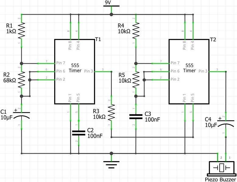 Police Siren Using 555 Timers (Circuit Diagram)