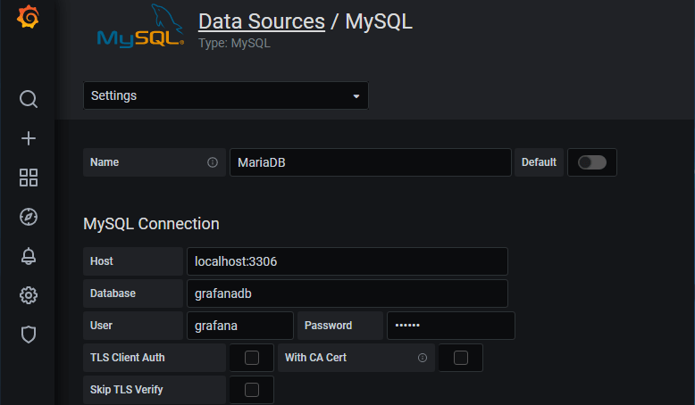 MariaDB connection details for Grafana