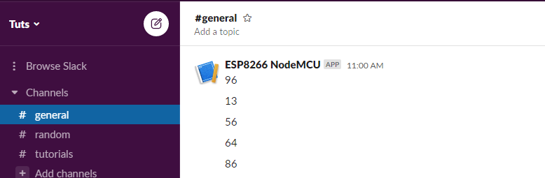 Messages Posted by ESP8266 NodeMCU to Slack Channel