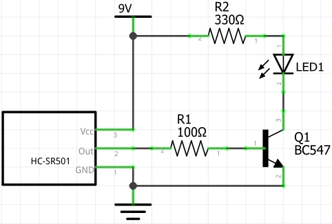 Motion Controlled LED Using HC-SR501 PIR Sensor and BC547 Transistor (Circuit Diagram)