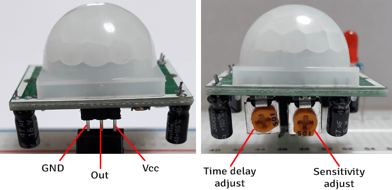 Motion Controlled LED Using HC-SR501 PIR Sensor and BC547 Transistor (Pinout Diagram)