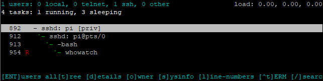 View user's processes tree with whowatch on Raspberry Pi