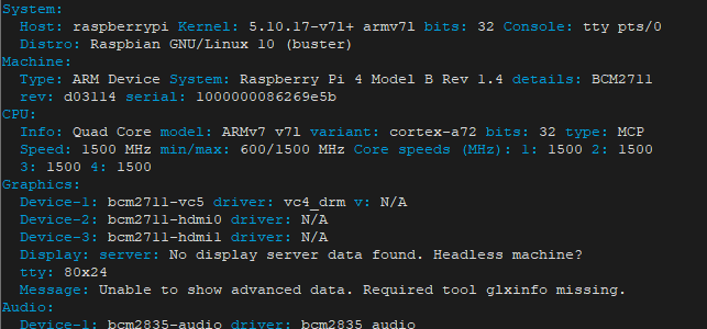 Detailed overview of hardware components using inxi on Raspberry Pi