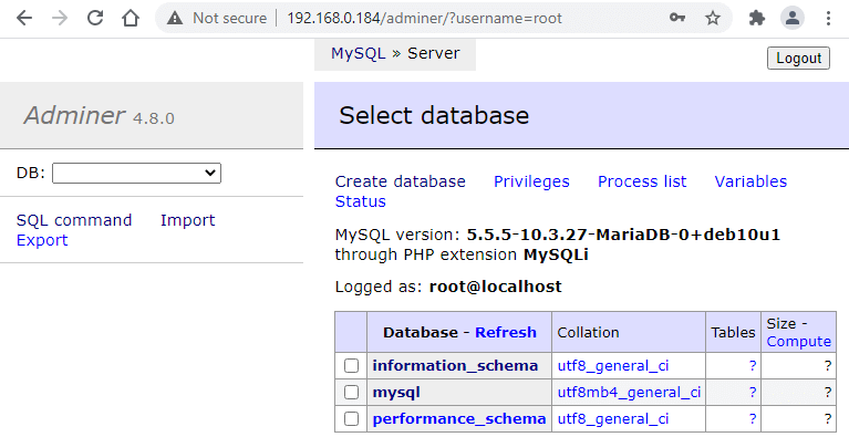 Adminer installed on Raspberry Pi