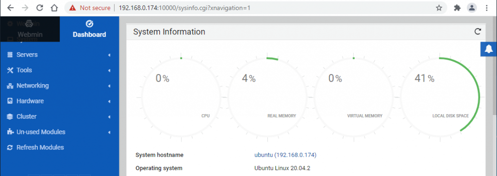 Webmin dashboard on Ubuntu