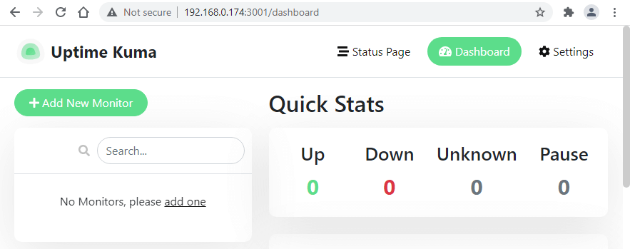 Uptime Kuma dashboard on Ubuntu