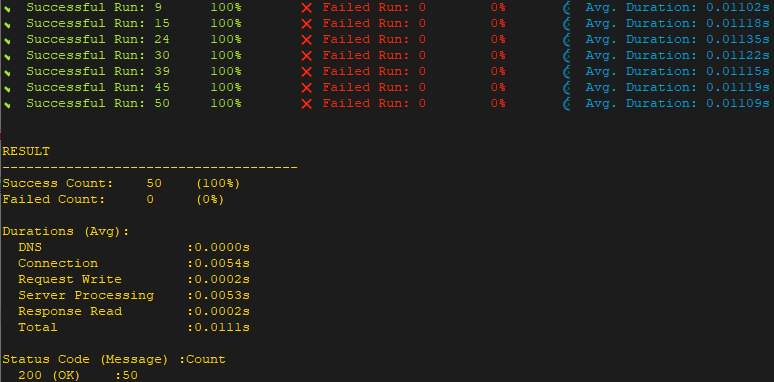 Load test results printed by Ddosify on Raspberry Pi