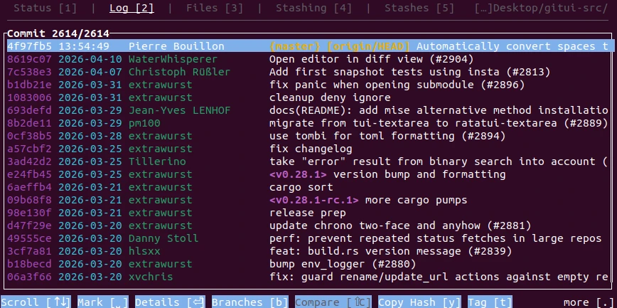 View commit history using GitUI on Ubuntu